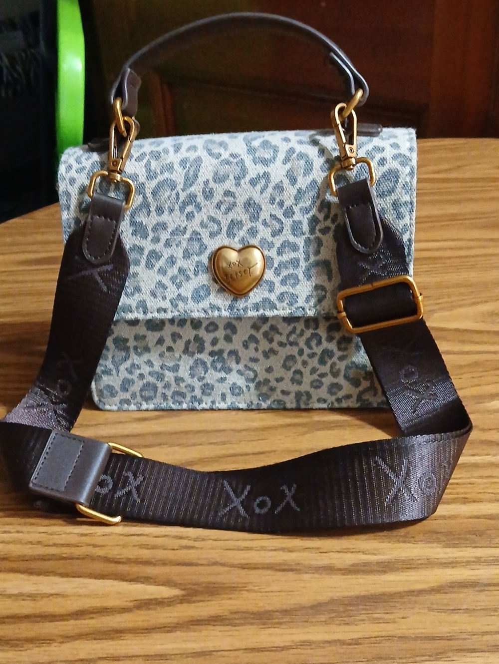 Leopard Print Top-Handle Crossbody Bag with Heart Accent - Gray